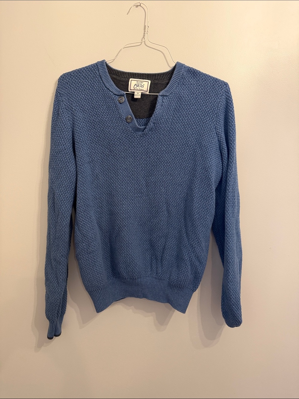 Jos. A. Bank Men's Slate Blue Textured V-Neck Sweater with Button Detail